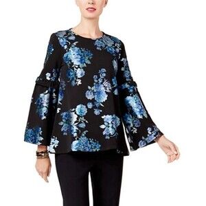 Alfani Shirt Top Women Sz M Black Floral Shimmer Ribbed Flare Sleeve Art to Wear